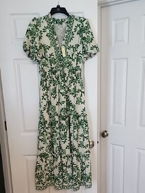 Max Studio Cream Maxi Dress with Green Floral Print